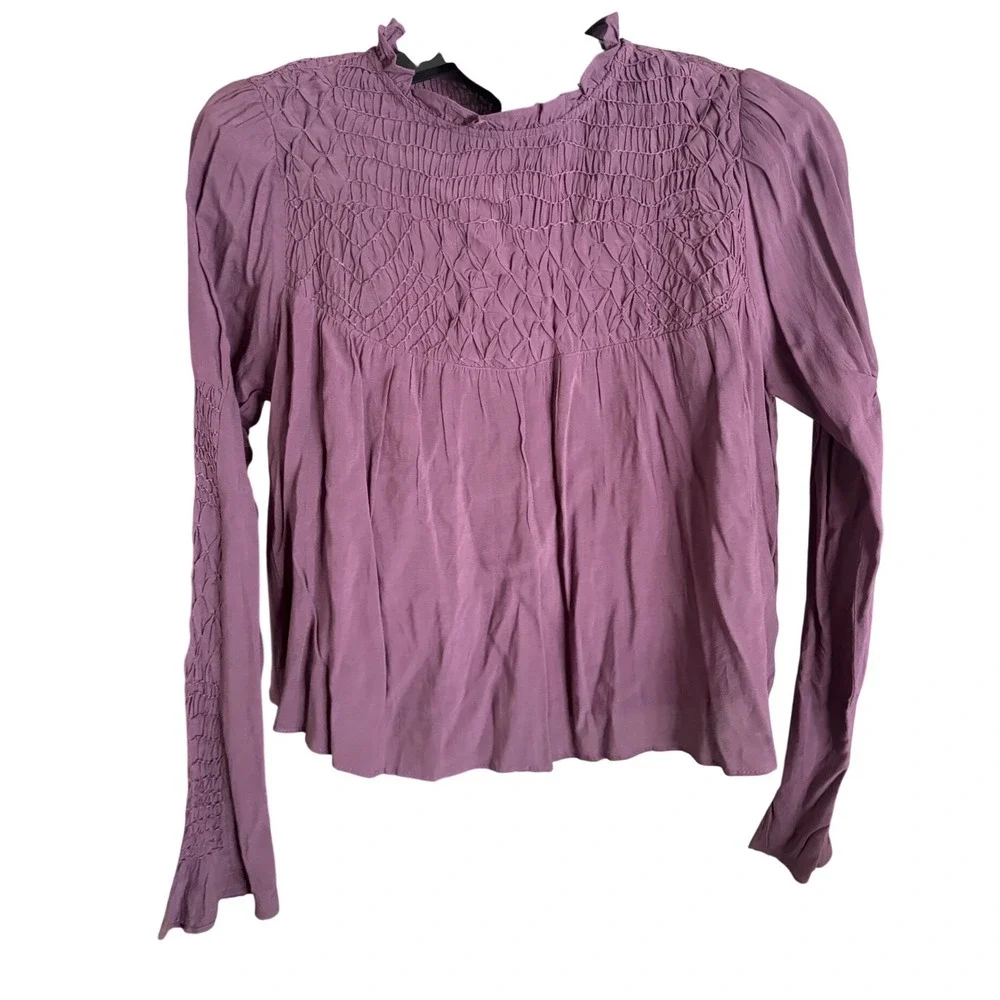 Free People Smocked In Time Boho Purple‎ Pullover Top Long Sleeve XS